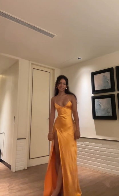 Orange V Neck Straps Sheath Satin Long Party Dress Wedding Guest Dress, D445