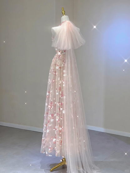 Pink Halter A-Line Tulle Appliques Elegant Long Party Dress Birthday Outfits, D457