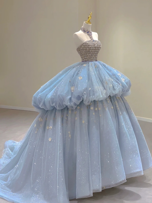 Blue Halter Strapless A-Line Sweet 16 Birthday Ball Gown Gorgeous Prom Dress, D458