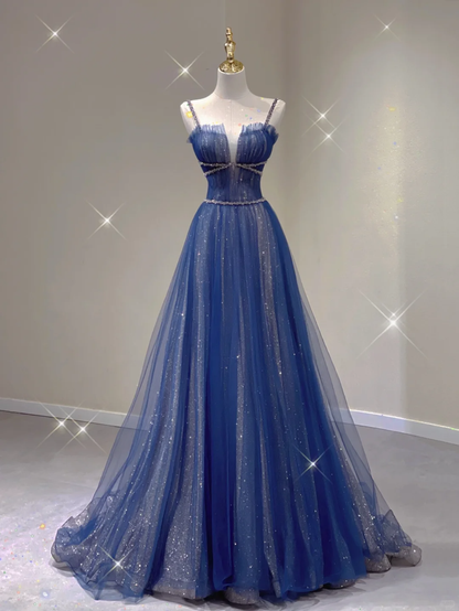 Navy Blue Spaghetti Straps A-Line Tulle Long Formal Prom Dress, D459
