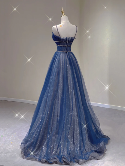 Navy Blue Spaghetti Straps A-Line Tulle Long Formal Prom Dress, D459
