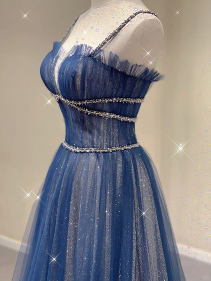 Navy Blue Spaghetti Straps A-Line Tulle Long Formal Prom Dress, D459