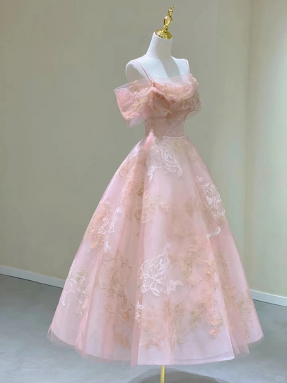 Pink Straps Off Shoulder A-Line Birthday Outfits Long Formal Prom Dress, D460