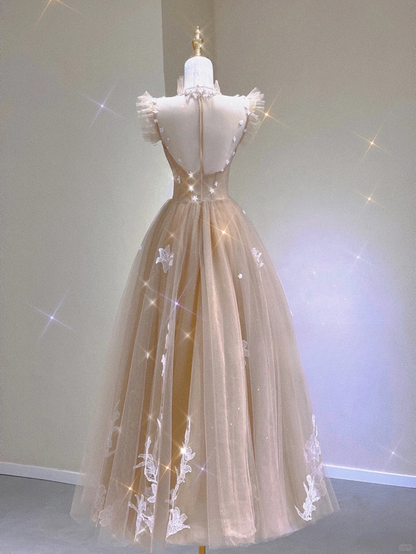 Champagne A-Line Tulle Appliques Birthday Dress Formal Long Prom Gown, D464