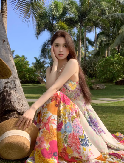 Beautiful little skirt for vacation, high-end floral suspender dress, fairy temperament long skirt 2025 R0480