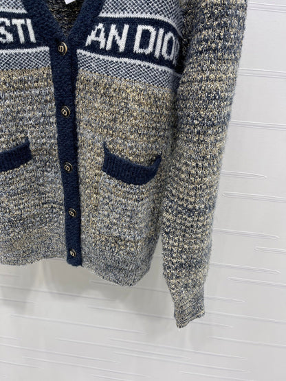 Dior 2025 V-neck Cardigan Beige mix Navy Blue Wool 321292