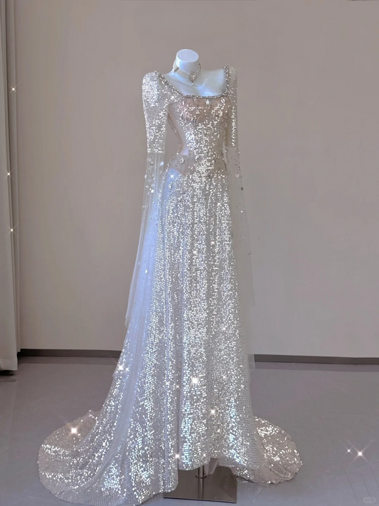 Champagne Long Sleeves A-Line Sequins Long Formal Prom Dress Evening Gown, D467