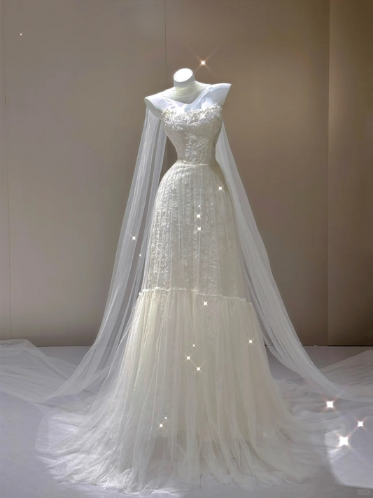Elegant Sweetheart Neck A-Line Tulle Wedding Dress Long Evening Gown, D471