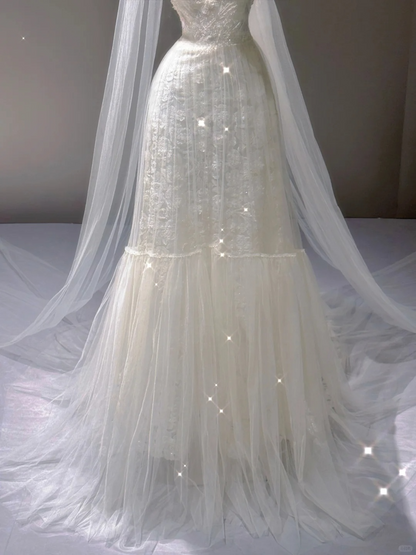 Elegant Sweetheart Neck A-Line Tulle Wedding Dress Long Evening Gown, D471