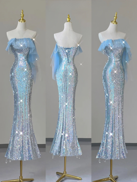 Light Blue Straps Sequins Mermaid Long Party Dress Evening Gown Birthday Dress, D474