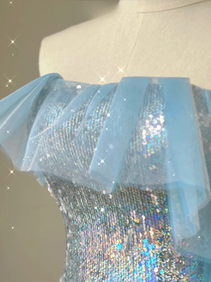 Light Blue Straps Sequins Mermaid Long Party Dress Evening Gown Birthday Dress, D474