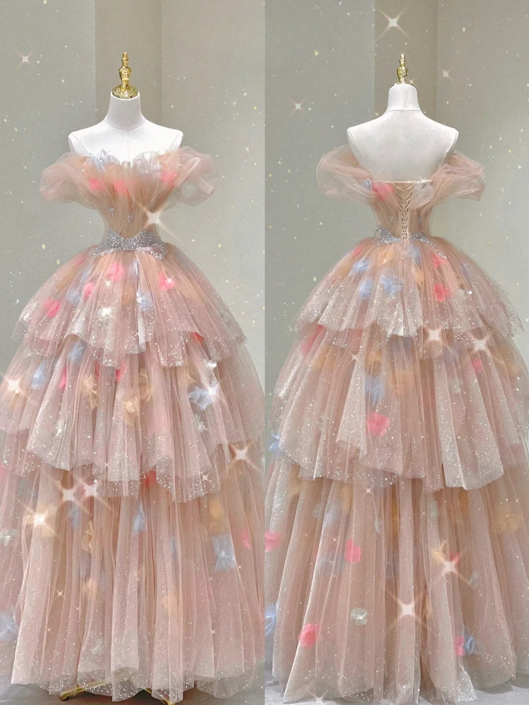 Pink Off Shoulder A-Line Tulle Tiered Long Prom Dress Evening Gown, D475