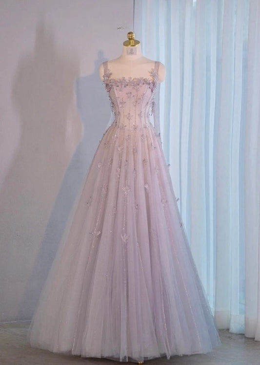 Elegant Straps A-Line Tulle Appliques Long Party Dress Formal Prom Dress, D498