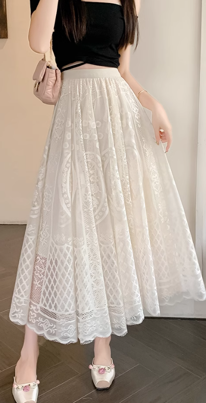 Retro high waist heavy lace hollow flower large swing A-line skirt versatile temperament long skirt R0207