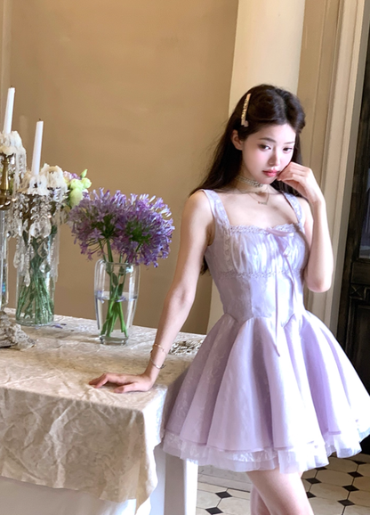 Purple square neck waist A-line suspender dress summer French retro temperament high-end skirt R4625