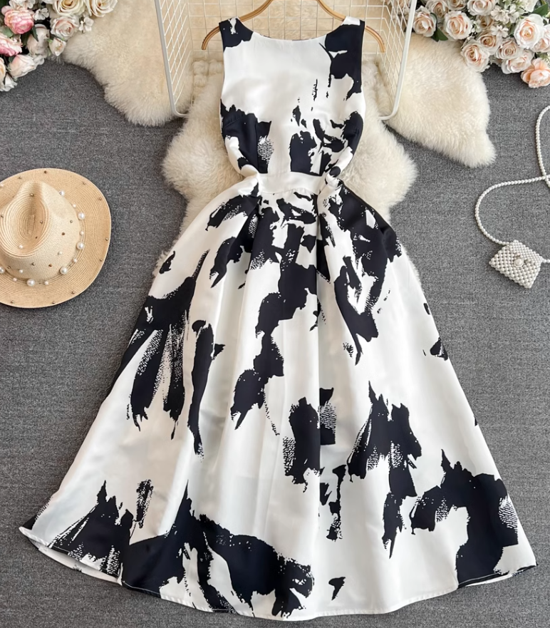 Temperament vest long skirt light luxury round neck waist sleeveless a-line print big swing dress R0398