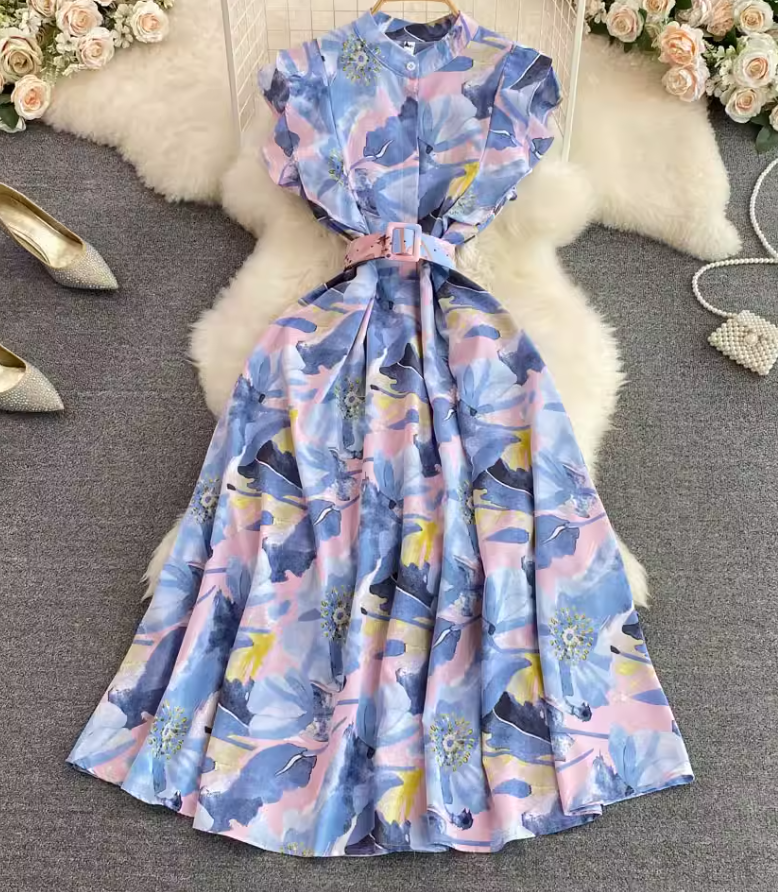 Gentle style stand-up collar, slim waist, printed A-line long swing dress 2025 high waist elegant long skirt R0359