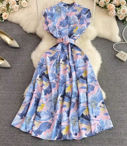 Gentle style stand-up collar, slim waist, printed A-line long swing dress 2025 high waist elegant long skirt R0359
