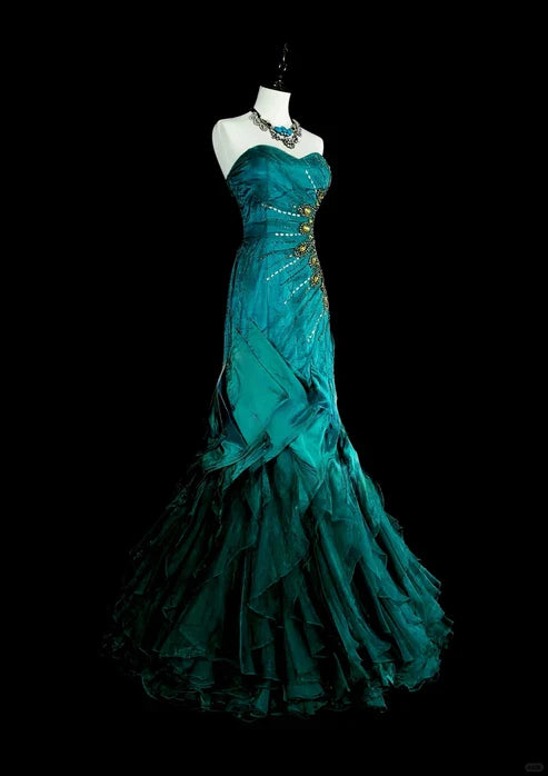 Retro Green Strapless Mermaid Beading Ruffles Vintage Long Evening Party Dress, D898