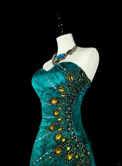 Retro Green Strapless Mermaid Beading Ruffles Vintage Long Evening Party Dress, D898