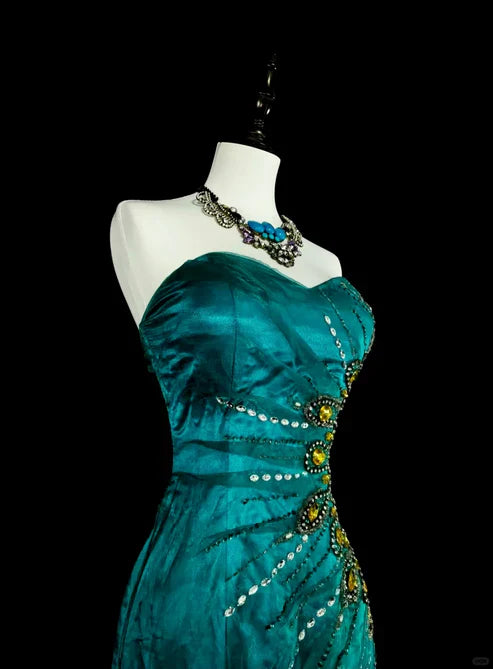 Retro Green Strapless Mermaid Beading Ruffles Vintage Long Evening Party Dress, D898