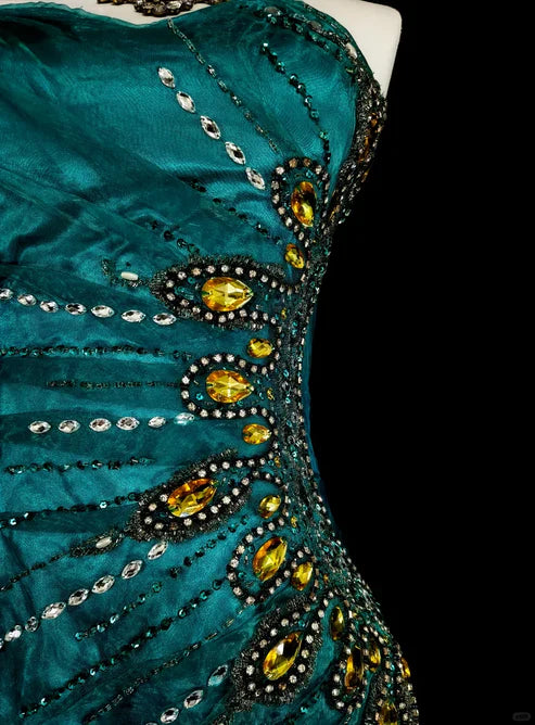 Retro Green Strapless Mermaid Beading Ruffles Vintage Long Evening Party Dress, D898