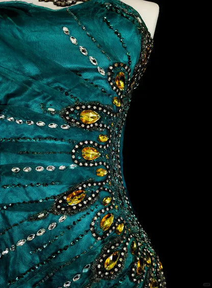 Retro Green Strapless Mermaid Beading Ruffles Vintage Long Evening Party Dress, D898