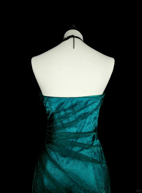 Retro Green Strapless Mermaid Beading Ruffles Vintage Long Evening Party Dress, D898