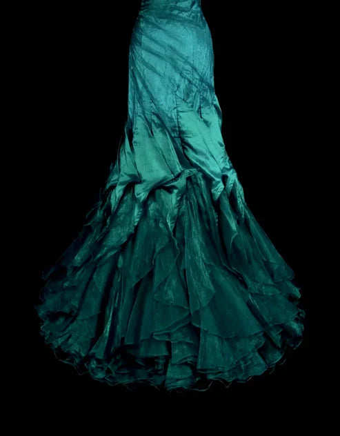 Retro Green Strapless Mermaid Beading Ruffles Vintage Long Evening Party Dress, D898