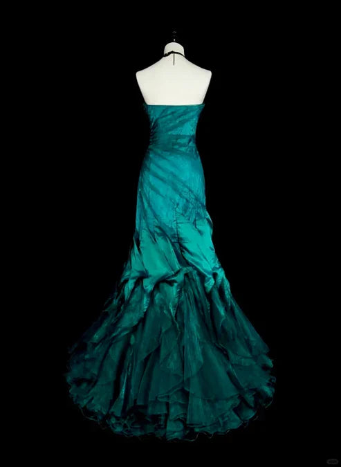 Retro Green Strapless Mermaid Beading Ruffles Vintage Long Evening Party Dress, D898