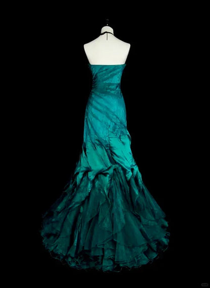 Retro Green Strapless Mermaid Beading Ruffles Vintage Long Evening Party Dress, D898