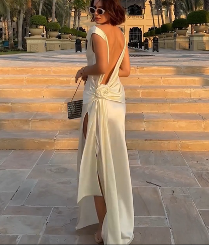 Elegant Ivory Backless Sheath Satin Long Party Dress Light Wedding Dress, D500