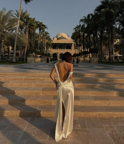 Elegant Ivory Backless Sheath Satin Long Party Dress Light Wedding Dress, D500