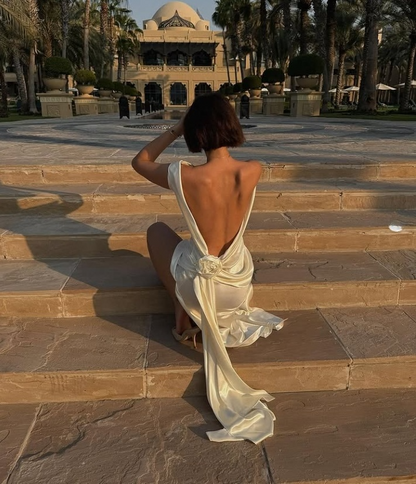 Elegant Ivory Backless Sheath Satin Long Party Dress Light Wedding Dress, D500