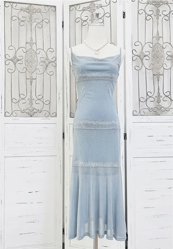 Shiny Blue Spaghetti Straps Sheath Midi Length Party Dress Cocktail Dress, D507