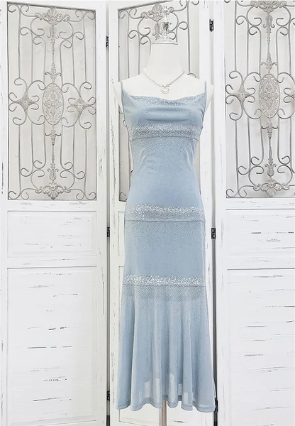 Shiny Blue Spaghetti Straps Sheath Midi Length Party Dress Cocktail Dress, D507