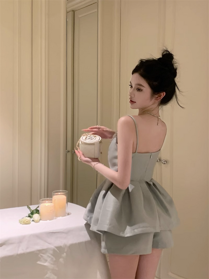 Cute Fashion Gray Spaghetti Strap Design A-line Satin Party Dress Homecoming Dress, D1396