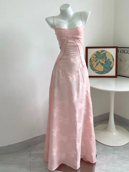 Pink Spaghetti Straps A-Line Long Party Dress Wedding Guest Dress Birthday Outfits, D525