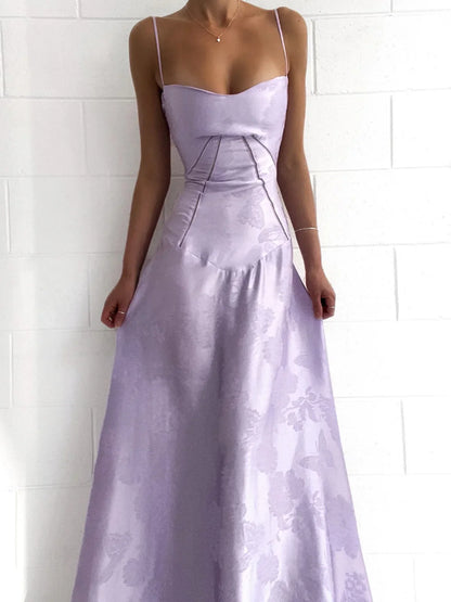 Lilac Spaghetti Straps A-Line Long Party Dress Wedding Guest Dress Birthday Outfits, D526