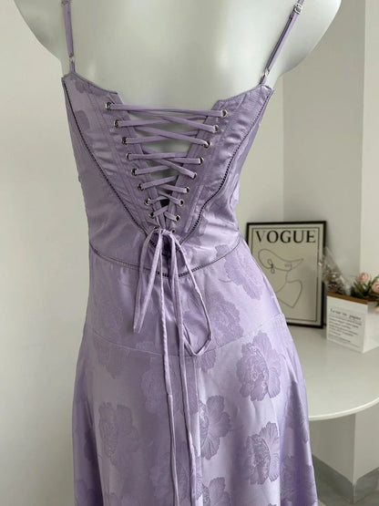 Lilac Spaghetti Straps A-Line Long Party Dress Wedding Guest Dress Birthday Outfits, D526