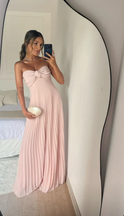 Pink Strapless A-Line Long Formal Party Dress Wedding Guest Dress, D541