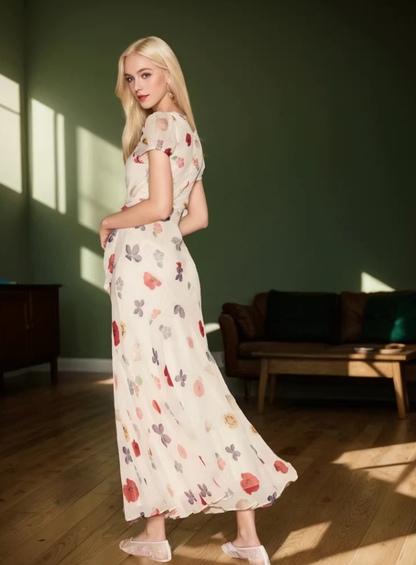 Printed square neck short sleeve dress French retro style waist slim long skirt R2909