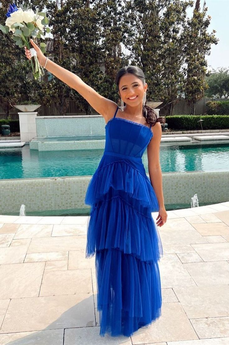 Royal Blue Straps A-Line Tulle Long Party Dress Formal Evening Dress, D544