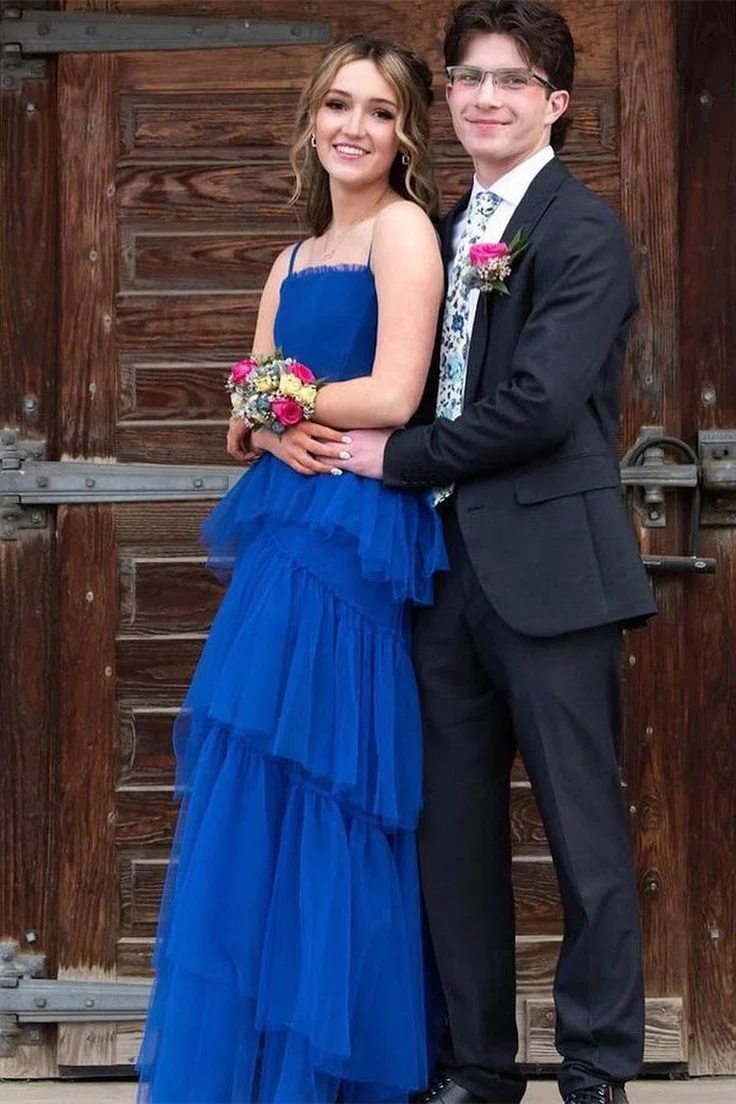 Royal Blue Straps A-Line Tulle Long Party Dress Formal Evening Dress, D544