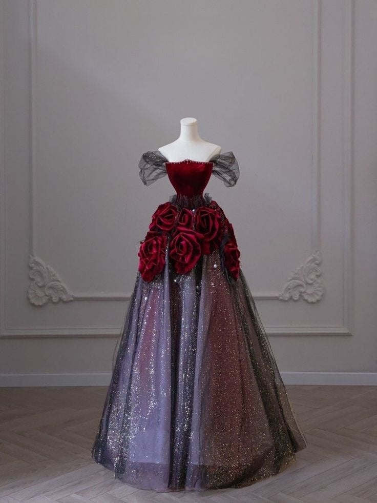 Off Shoulder A-Line Tulle Long Formal Prom Dress Evening Gown, D551