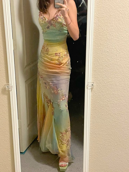 Unique Ombre Straps Appliques Mermaid Tulle Long Party Dress Evening Gown, D554