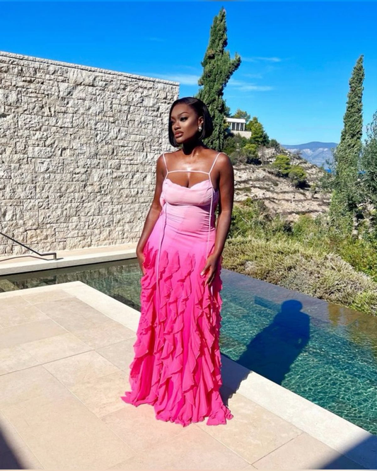 Pink Ombre Spaghetti Straps A-Line Ruffles Long Party Dress Evening Dress, D560