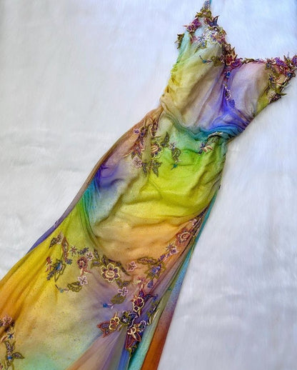 Colorful Straps Appliques Tulle Mermaid Long Party Dress Retro Evening Dress, D571