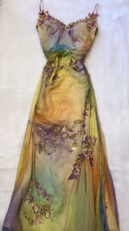 Colorful Straps Appliques Tulle Mermaid Long Party Dress Retro Evening Dress, D571