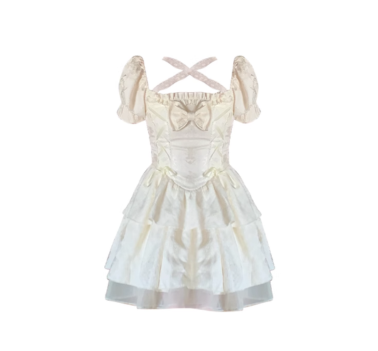 French style gentle temperament white bow forest princess dress sweet fluffy short skirt R0164